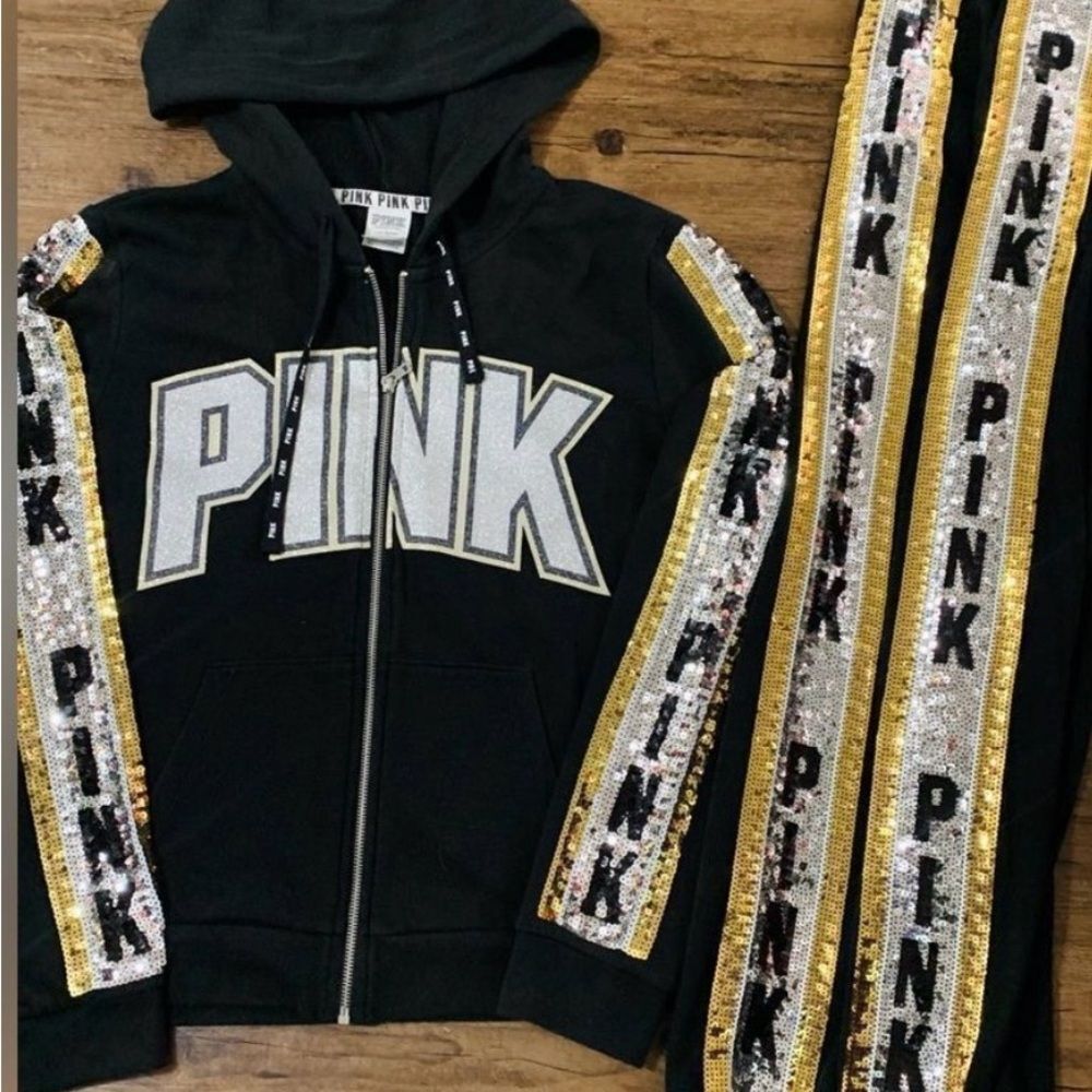 PINK VS BLING GLITTER JACKET AND JOGGER OUTFIT LARGE